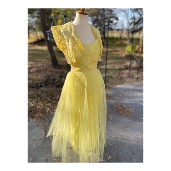 1950s Yellow Formal Dress Matching Bolero Lace Tulle Prom Wedding - Picture 2 of 16